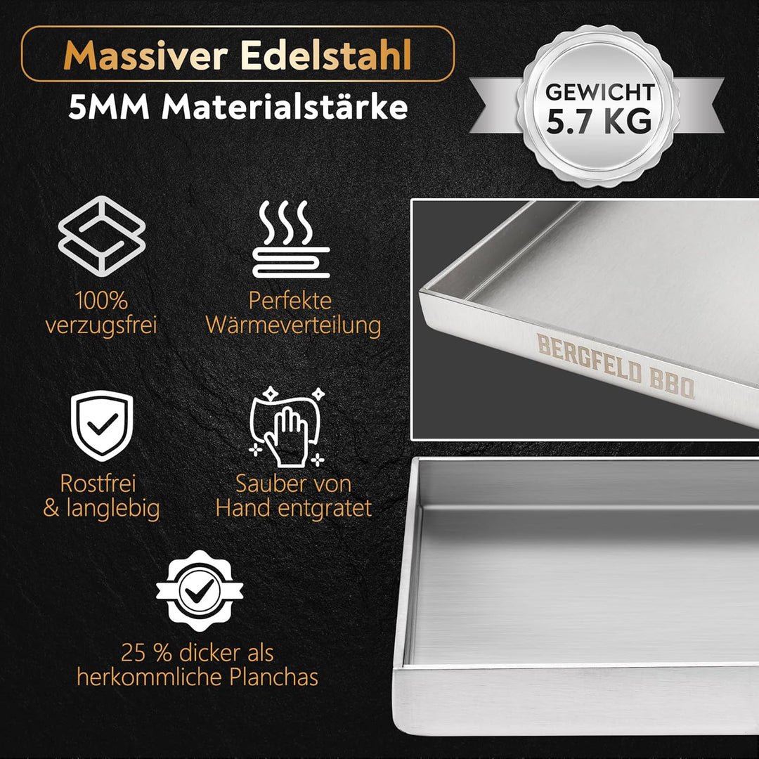 Bergfeld BBQ Grillplatte - Premium Plancha Set [30x40 cm] - 5mm dicker Edelstahl - 25% dicker als di