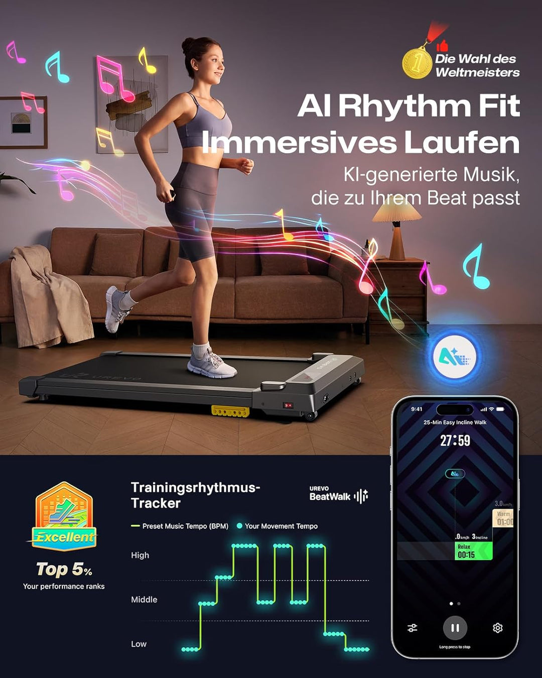 UREVO Smart Walking Pad, Kompaktes Leises Laufband Schreibtisch, mit Sechs-Punkt-Stossdämpfung, Work