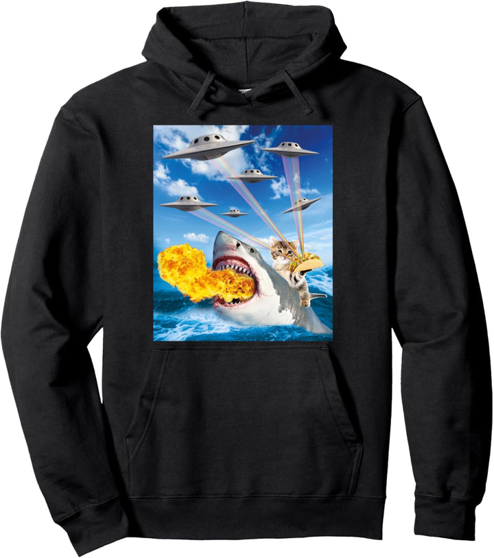 Katze reitet Feuer atmen Hai Regenbogen Laser Taco Pullover Hoodie