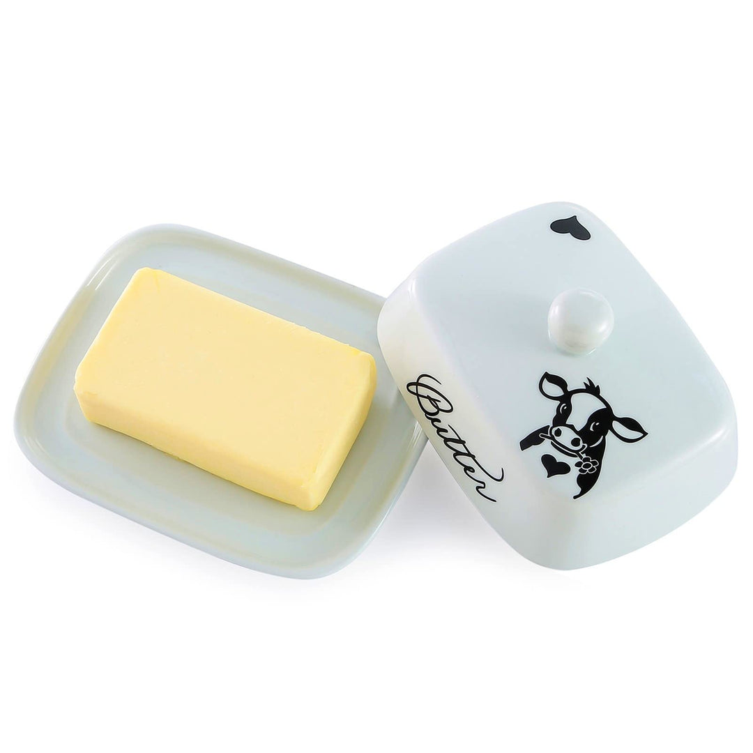 Butterdose mit Griff für 250g Butter, Hochwertige Keramik, Weiss mit Schwarzem Kuhkopfmuster, Porzel