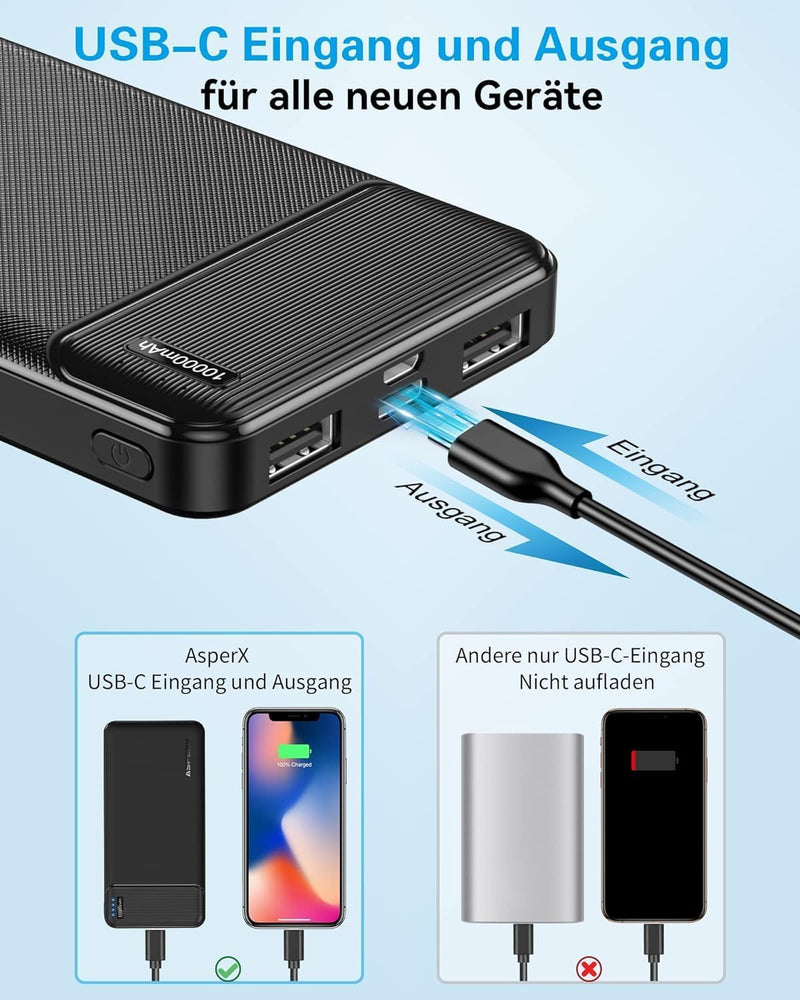 AsperX Power Bank 10000mAh mit USB-C Input & Output Slim Klein Aber Stark Externer Handyakkus,Kompat