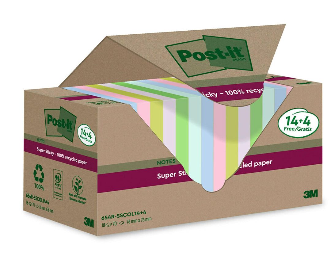 Post-it Super Sticky 100 % Recycling Notes, 14+4 GRATIS-Blöcke/Packung, 70 Blätter pro Block, 76 mm