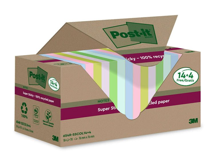 Post-it Super Sticky 100 % Recycling Notes, 14+4 GRATIS-Blöcke/Packung, 70 Blätter pro Block, 76 mm