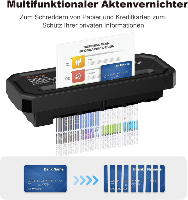 Bonsaii Aktenvernichter, 6-Blatt Streifenschnitt für Homeoffice, inklusive Kreditkartenvernichtung,