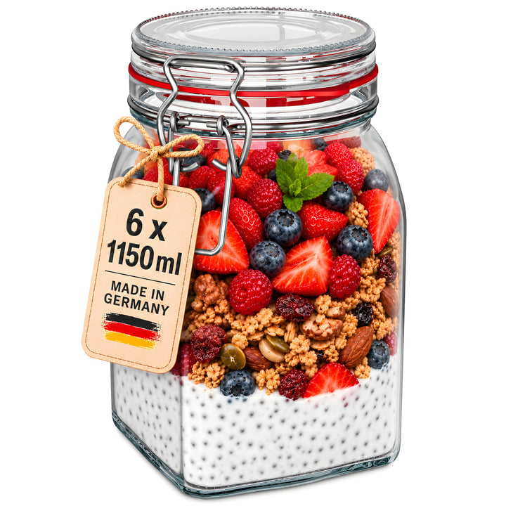 WELLGRO Einmachgläser mit Bügelverschluss eckig, Fermentierglas, Vorratsgläser mit Deckel, Bügelglas