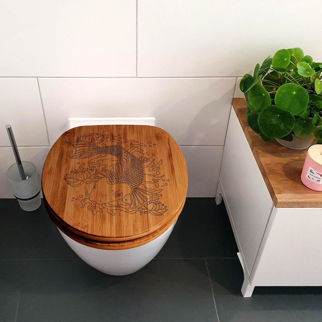 banjado® Hochwertig gravierter Design WC Sitz Bambus Absenkautomatik Koi/Toilettendeckel mit Absenka