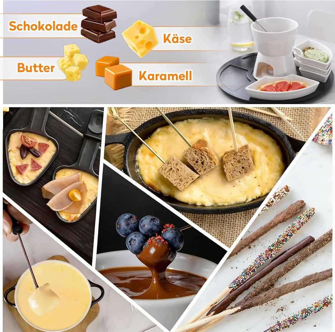 Keramik Fondue-Set mit 4 Schälchen &amp; Gabeln | Weisser Porzellan Käse- &amp; Schokoladen-Schmelztopf | 30