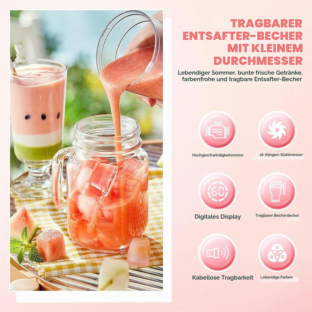 Tragbarer Mixer, Portabler Elektrischer Saftpresse mit Digitalanzeige, 1500mAh Akku, Drahtloser Gebr