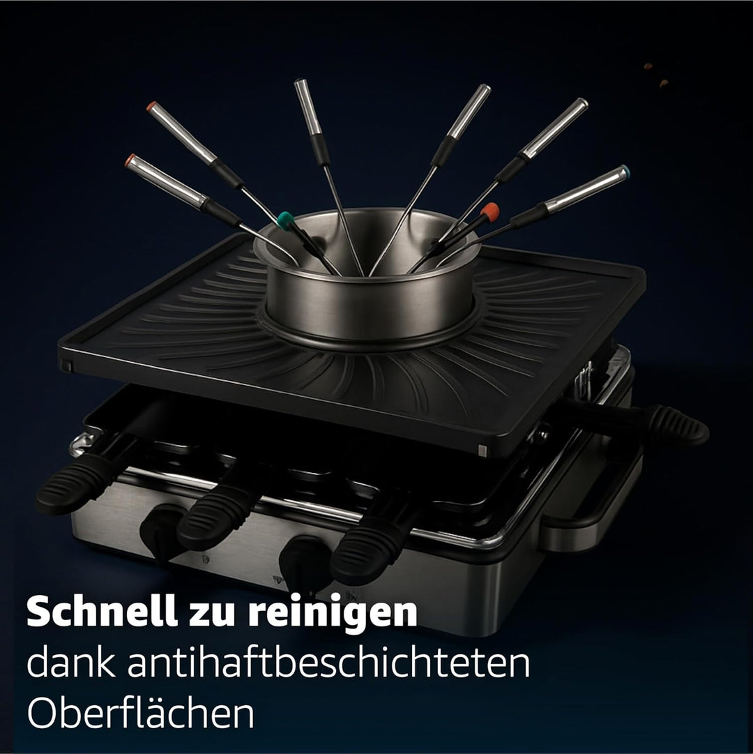 Raclette Fondue Set 8 Personen Set - mit Topf & Grillplatte - inkl. Pfännchen & Schaber (Fondue Set)