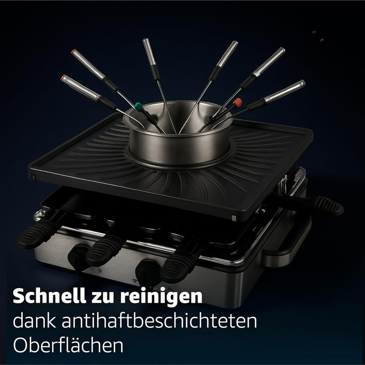 Raclette Fondue Set 8 Personen Set - mit Topf & Grillplatte - inkl. Pfännchen & Schaber (Fondue Set)