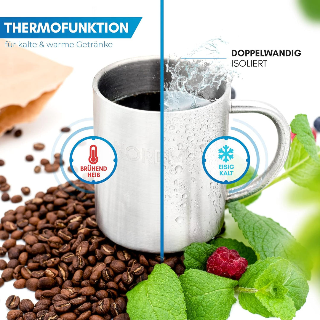 NORDMUT® Edelstahl Thermobecher [2er Set] Camping Tasse | nachhaltige Edelstahl Tasse | Kaffeetasse