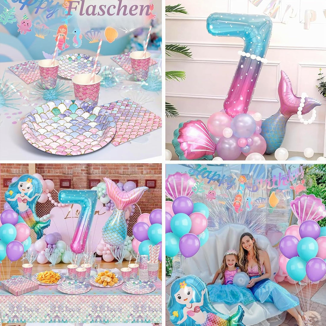 yosiio Meerjungfrau Partygeschirr Set, Meerjungfrau Geburtstag Deko 7 Jahre, Geburtstag Party Geschi