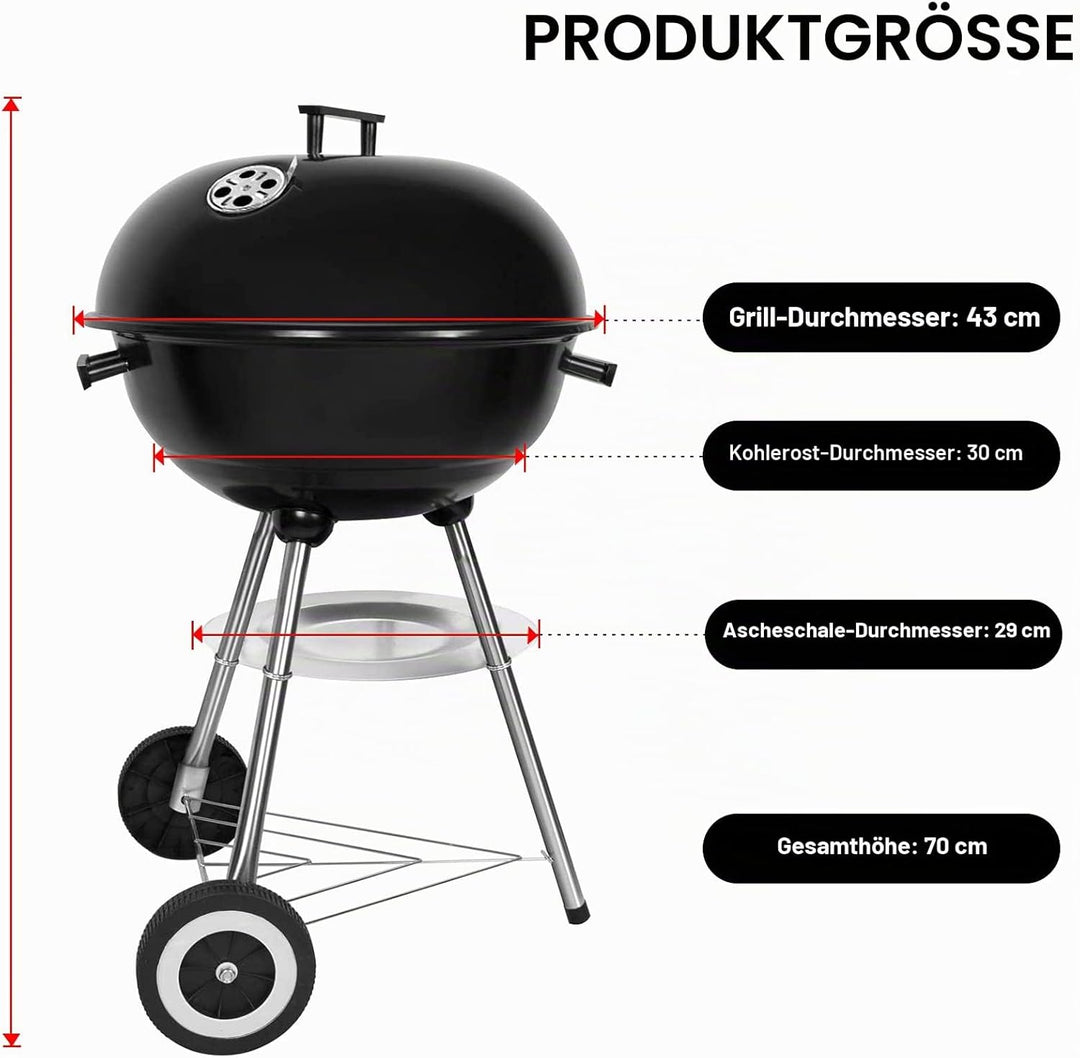 SunJas Holzkohlegrill, tragbar, rund, Deckel, Doppelräder, Grill auf Standfuss, φ 41 cm, Höhe 70 cm,