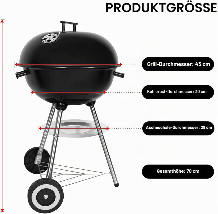 SunJas Holzkohlegrill, tragbar, rund, Deckel, Doppelräder, Grill auf Standfuss, φ 41 cm, Höhe 70 cm,