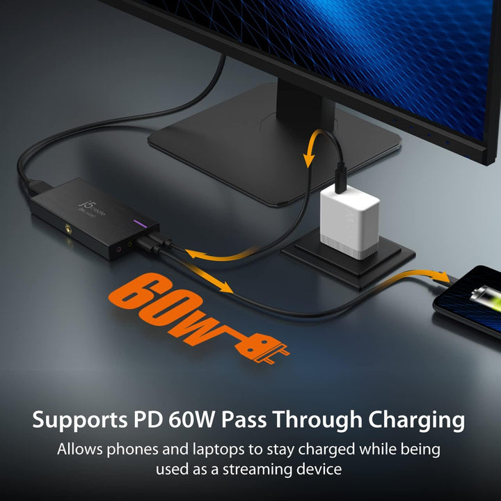 j5create 4K Game Video Capture Card mit PD 60W Pass-Through Charging, Streaming und Aufnahme von 4K