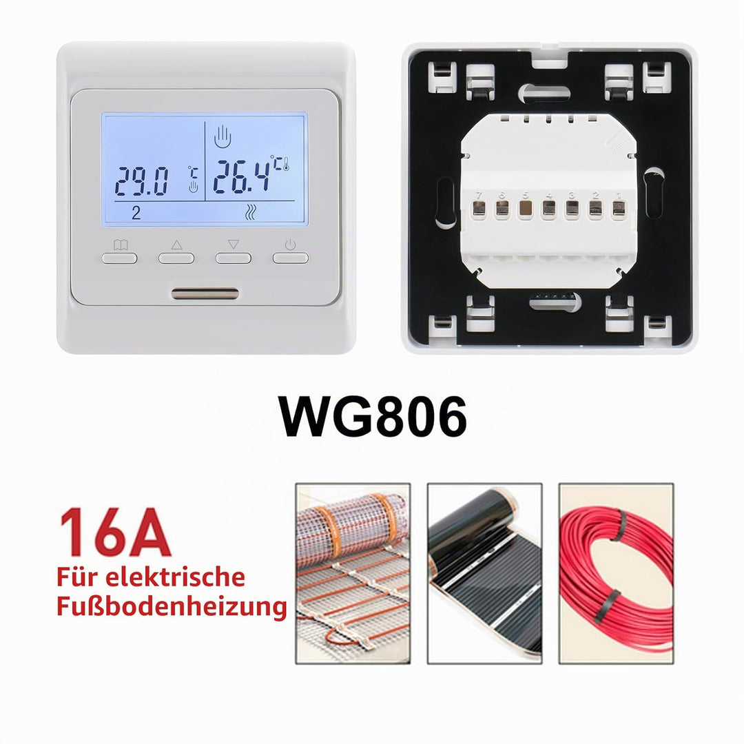 Wengart Elektro-Heizungsthermostat WG806, Ausgang 230V 16A, 7 Tage Programmierbar, Digitalanzeige, G