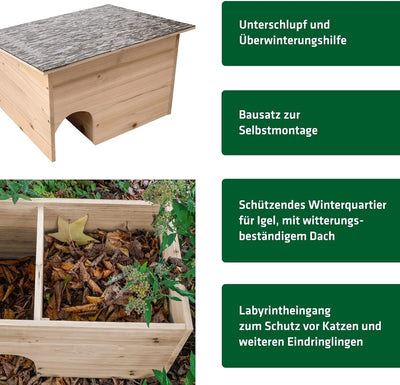 Gardigo® Igelhaus Bausatz aus Holz I Wetterfestes Dach I 48 x 29 x 38 cm I Vorgebohrtes Holz inkl. H