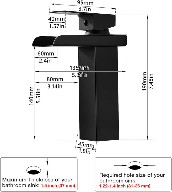 Wasserfall Wasserhahn Bad Schwarz Matt Waschtischarmatur, Modern Einhebelmischer Waschbeckenarmatur,