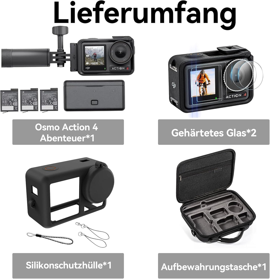 DJI Osmo Action 4 Adventure Combo mit Aufbewahrungstasche + Panzerfolie + Schutzhülle – 4K/120fps Ka