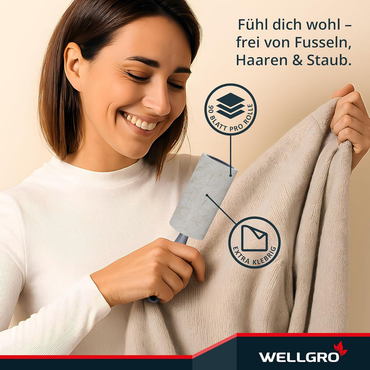 WELLGRO Fusselrolle Tierhaare – 20 Rollen 1800 Blatt + 4 Abroller – Fusselroller Kleidung & Kleberol