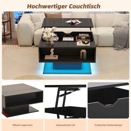 Merax Couchtisch Höhenverstellbar 80x77x40 cm – Moderner Wohnzimmertisch mit LED, verstecktem Staura