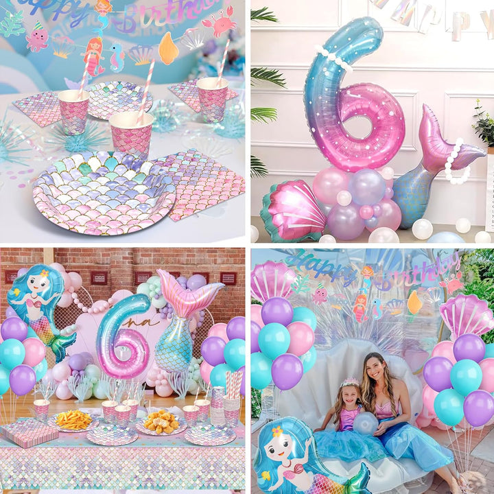 Meerjungfrau Partygeschirr Set, Meerjungfrau Geburtstag Deko 6 Jahre, Geburtstag Party Geschirr, Pap
