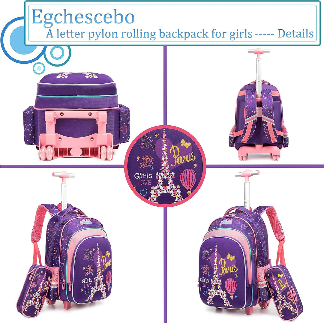Egchescebo Schulranzen Kinder Rollrucksack für Mädchen 17" 3PCS Rollen Reiserucksäcke Lila-4, Lila-4