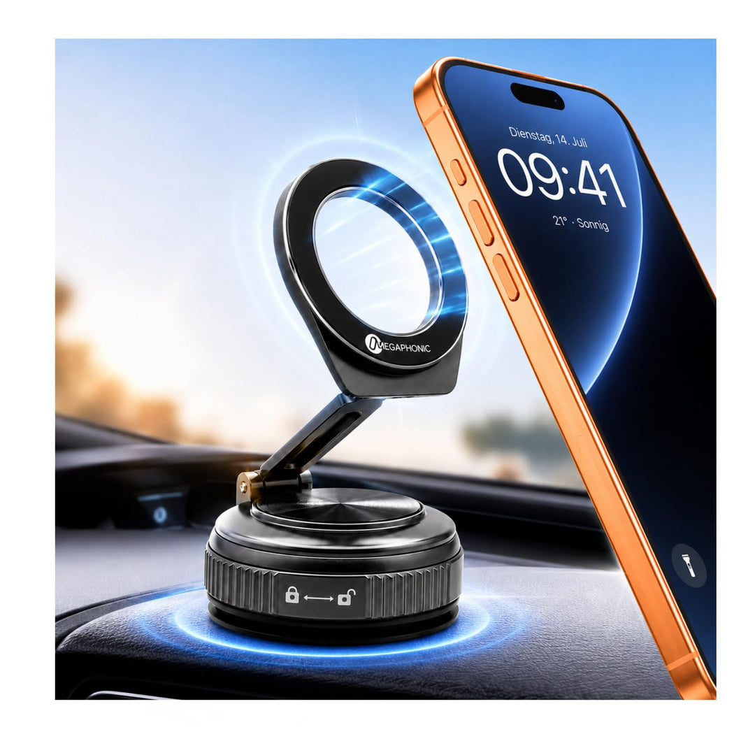 MEGAPHONIC Handyhalterung Auto Magnet, kompatibel mit MagSafe, 20 N55 Magnete, Vakuum-Saugnapf, 360°