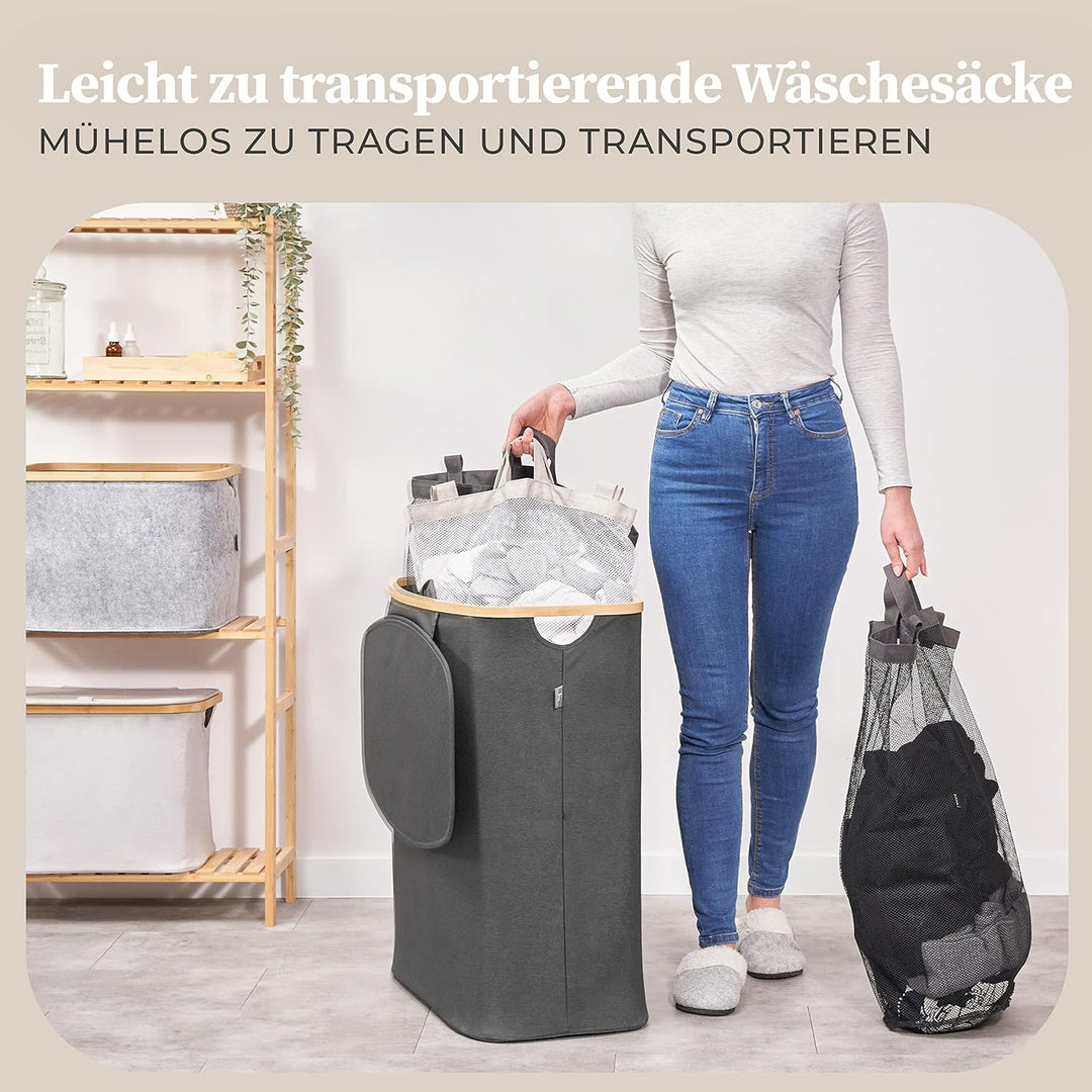 Hennez Wäschebox 150L - Wäschekorb 3 Fächer - Deckel - Wäschesortierer mit Wäschesack - Laundry Bask