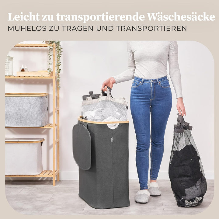 Hennez Wäschebox 150L - Wäschekorb 3 Fächer - Deckel - Wäschesortierer mit Wäschesack - Laundry Bask