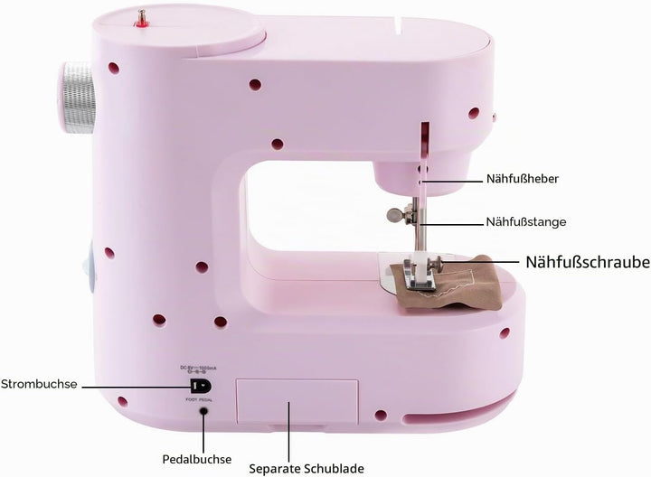 SABUIDDS Nähmaschine Rosa für Anfänger und Kinder, mit Hand- und Fusspedal, 5 Nähprogramme für Häuse