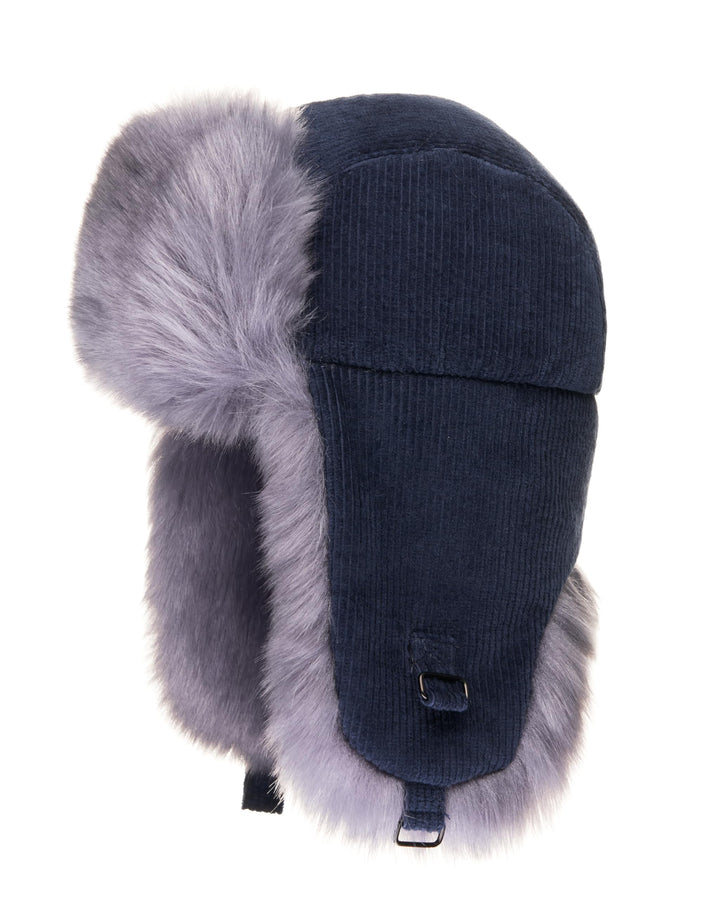 Futrzane Trappermütze aus Cord - Ushanka Herren - Fell Mütze mit Ohrenklappen M Marineblau - Stahlbl
