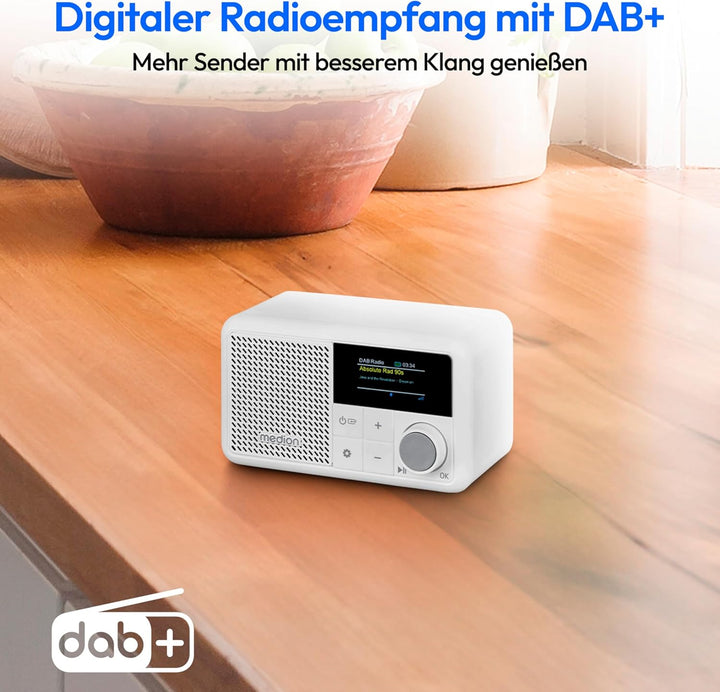 MEDION S66822 Tragbares Mini DAB+ Radio mit Bluetooth (Akku, dimmbares Farbdisplay, Teleskopantenne,