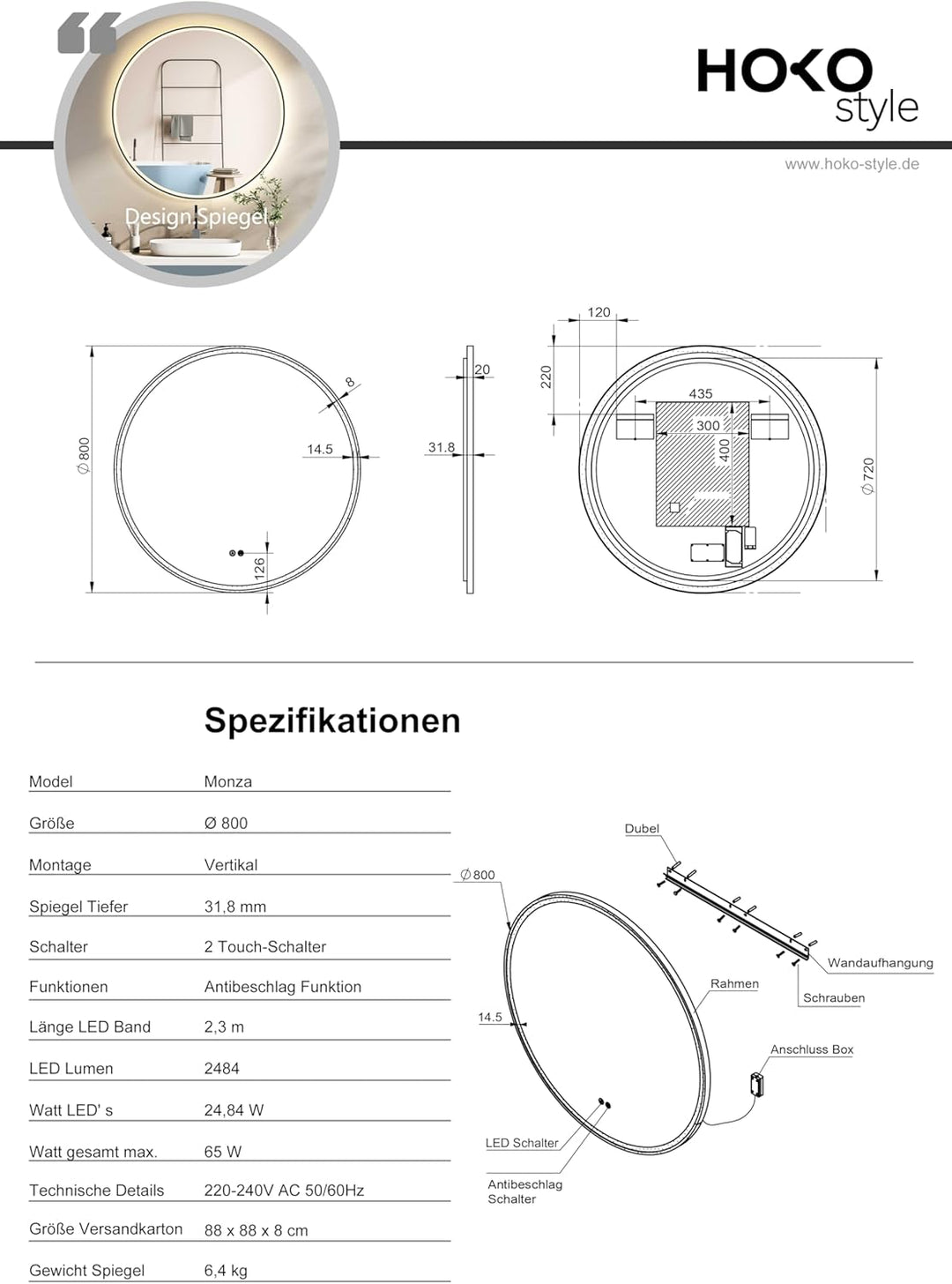 HOKO Design ANTIBESCHLAG Badspiegel rund 80 cm mit Metall Rahmen Matt Schwarz. Runder Bad Wandspiege