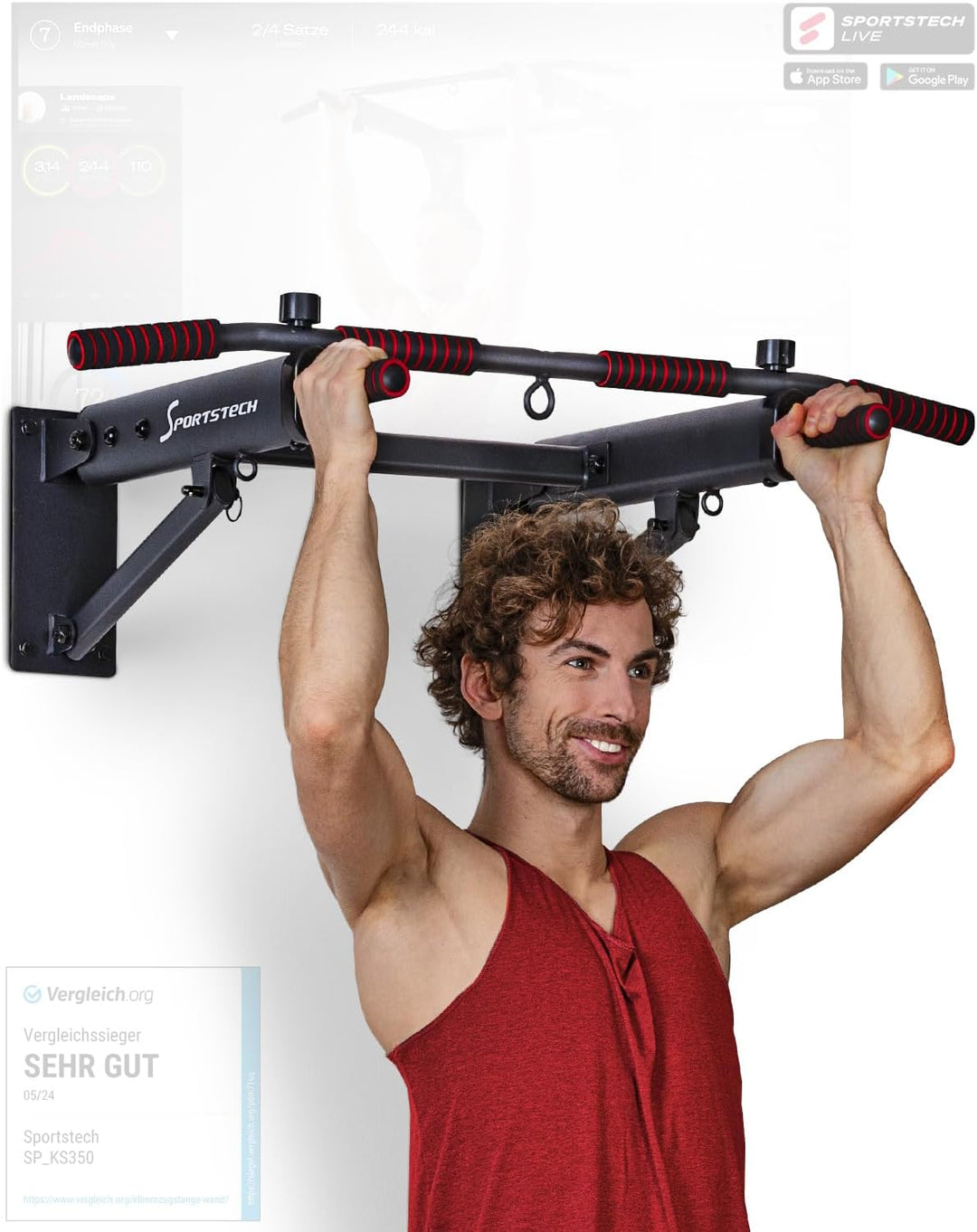 Sportstech Innovative 4in1 Klimmzugstange zur Wandmontage | neuartig platzsparend klappbar | 3 Multi