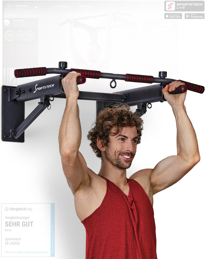 Sportstech Innovative 4in1 Klimmzugstange zur Wandmontage | neuartig platzsparend klappbar | 3 Multi