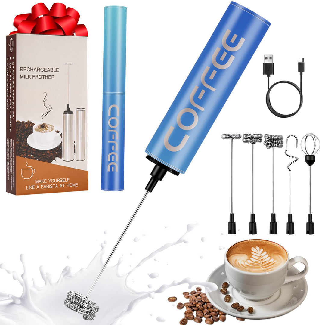 Milchschäumer Elektrisch USB-C mit 5 Wechselbaren Edelstahl-Schneebesen–2 Einstellbare Geschwindigke