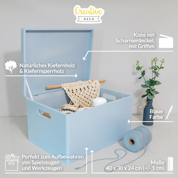 Creative Deco XXL Blau Grosse Holzkiste mit Deckel | 40x30x24 cm (+/-1cm) | Holztruhe Erinnerungsbox