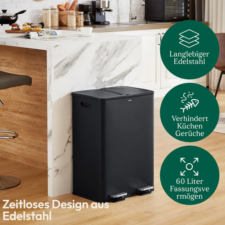 CASABEL Selektiver Sortierbehälter für Küchenabfälle 60L - 2 x 30 Liter, Doppelfächer, schwarzer Ede