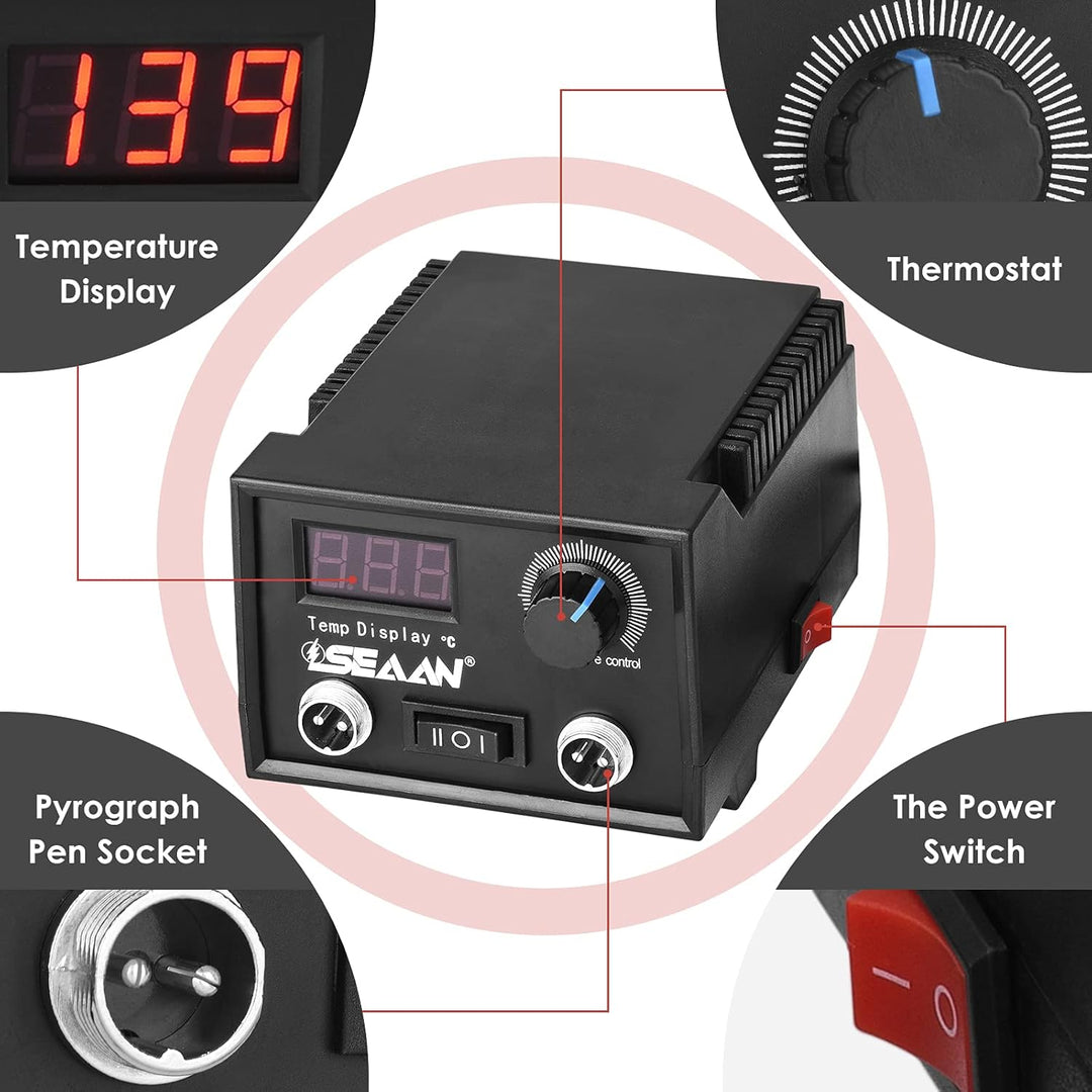 Professionelles Pyrographie-Set mit zwei Brennstiften, Digitalanzeige und 23 Brennspitzen, stufenlos