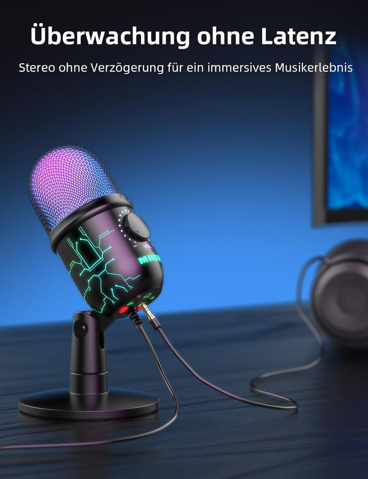 MRSDY USB-Gaming-Mikrofon für PC mit Rauschunterdrückung | Stummschalten, Verstärkung, RGB, Kondensa