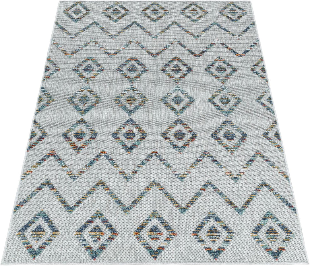 Carpetsale24 Outdoor Teppich Modern, Skandi Boho Ethno Muster 3D Optik, Rechteckig, Grau mit bunten