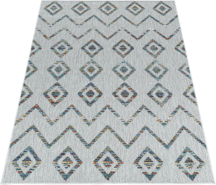 Carpetsale24 Outdoor Teppich Modern, Skandi Boho Ethno Muster 3D Optik, Rechteckig, Grau mit bunten