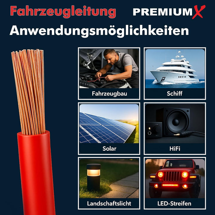 Premium X Fahrzeugleitung FLRY-B 20m 4mm² Rot I Flexible KFZ Kabel Litze I asymmetrisch konstruiert