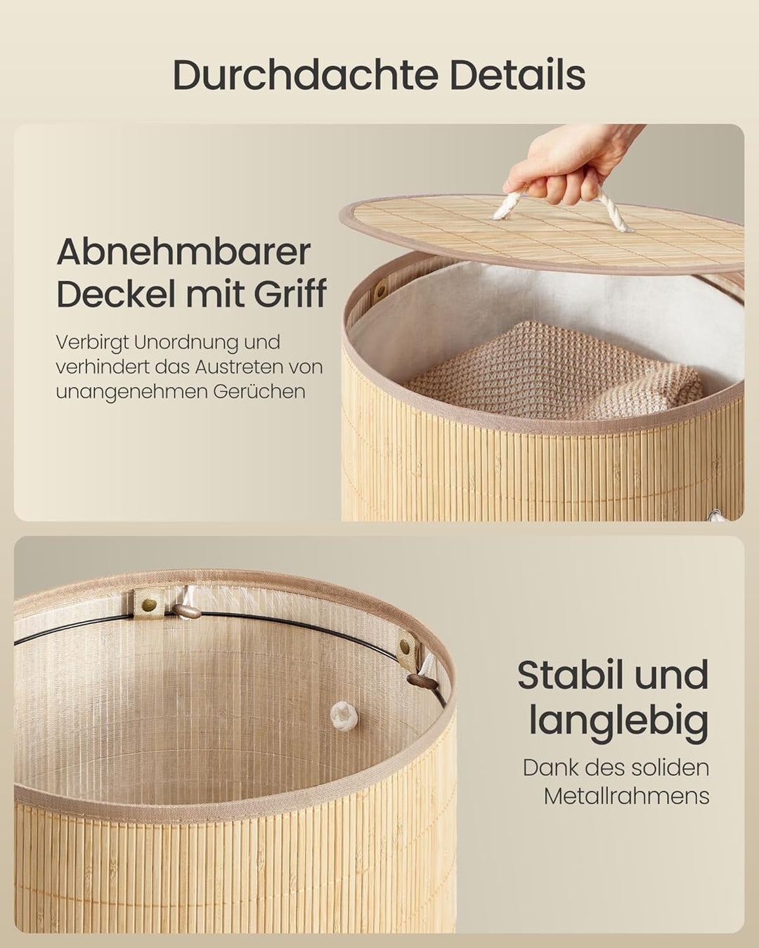 SONGMICS Wäschekorb mit Deckel, 90 L, Wäschesammler Bambus, rund, Wäschebox mit Griffen, faltbar, Wä