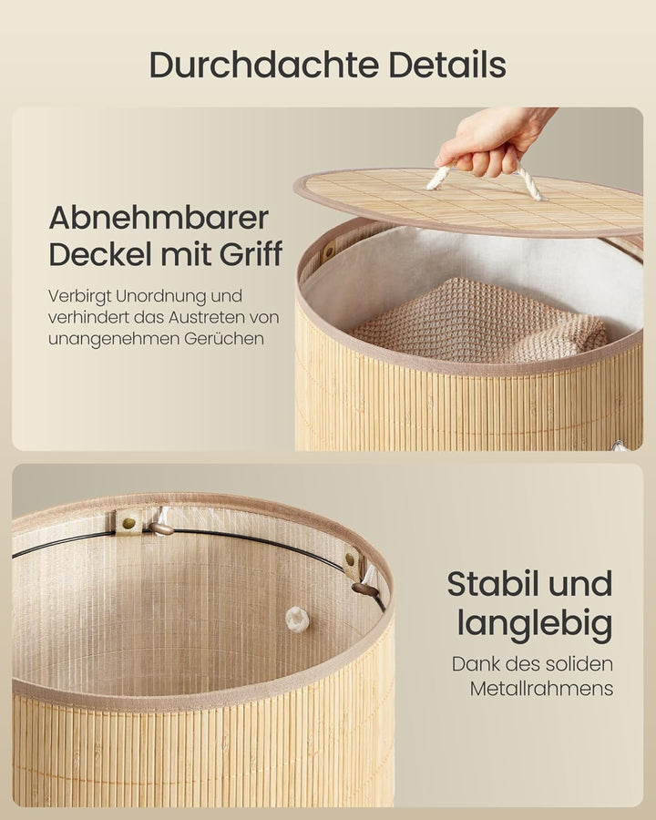 SONGMICS Wäschekorb mit Deckel, 90 L, Wäschesammler Bambus, rund, Wäschebox mit Griffen, faltbar, Wä
