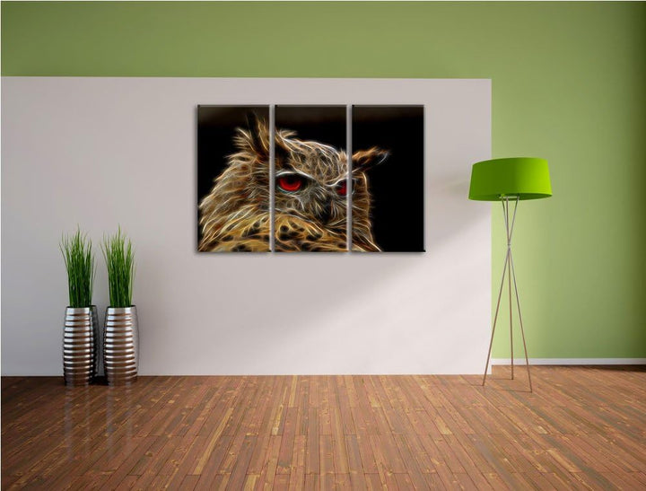 Dark prächtige Waldohreule 3 Teilig, Gesamtgrösse 120x80 cm auf Leinwand, XXL riesige Bilder fertig