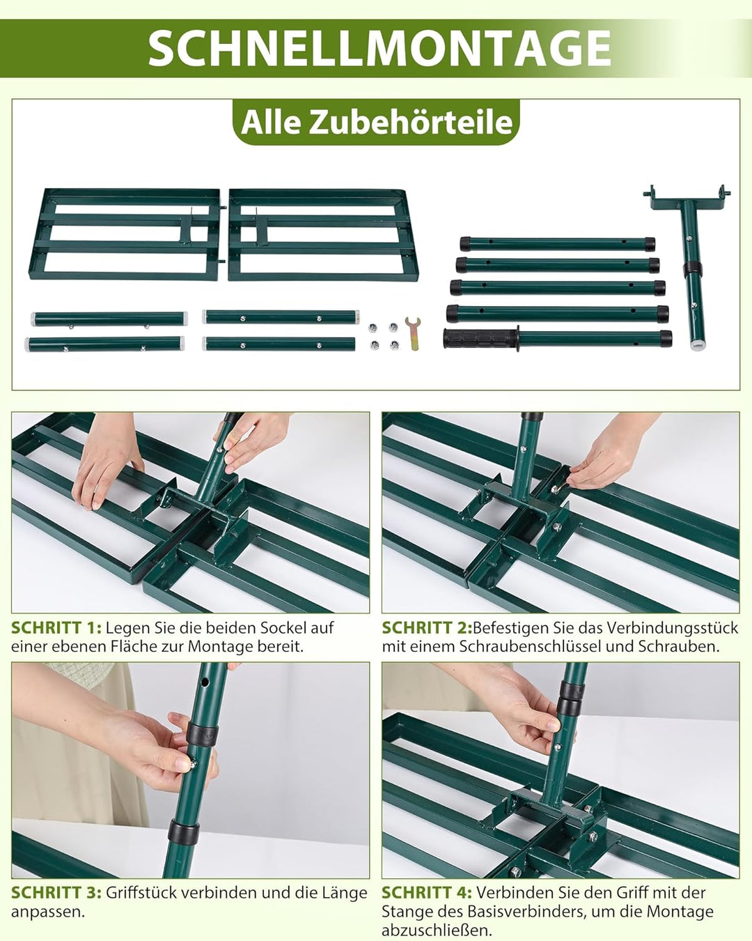 Rasen Rakel 76x25cm, Nivellierrechen, Rasenrechen breit Sanden, Rakel für Rasen mit 198cm Stiel, Gar