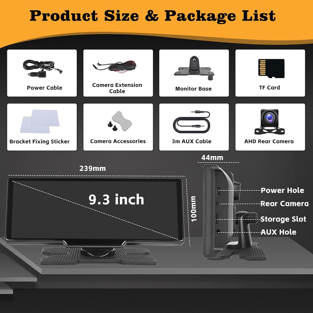 Wireless Apple Carplay Android Auto Display mit 2.5K Dashcam Vorne, 1080P Rückfahrkamera, 9,3-Zoll C