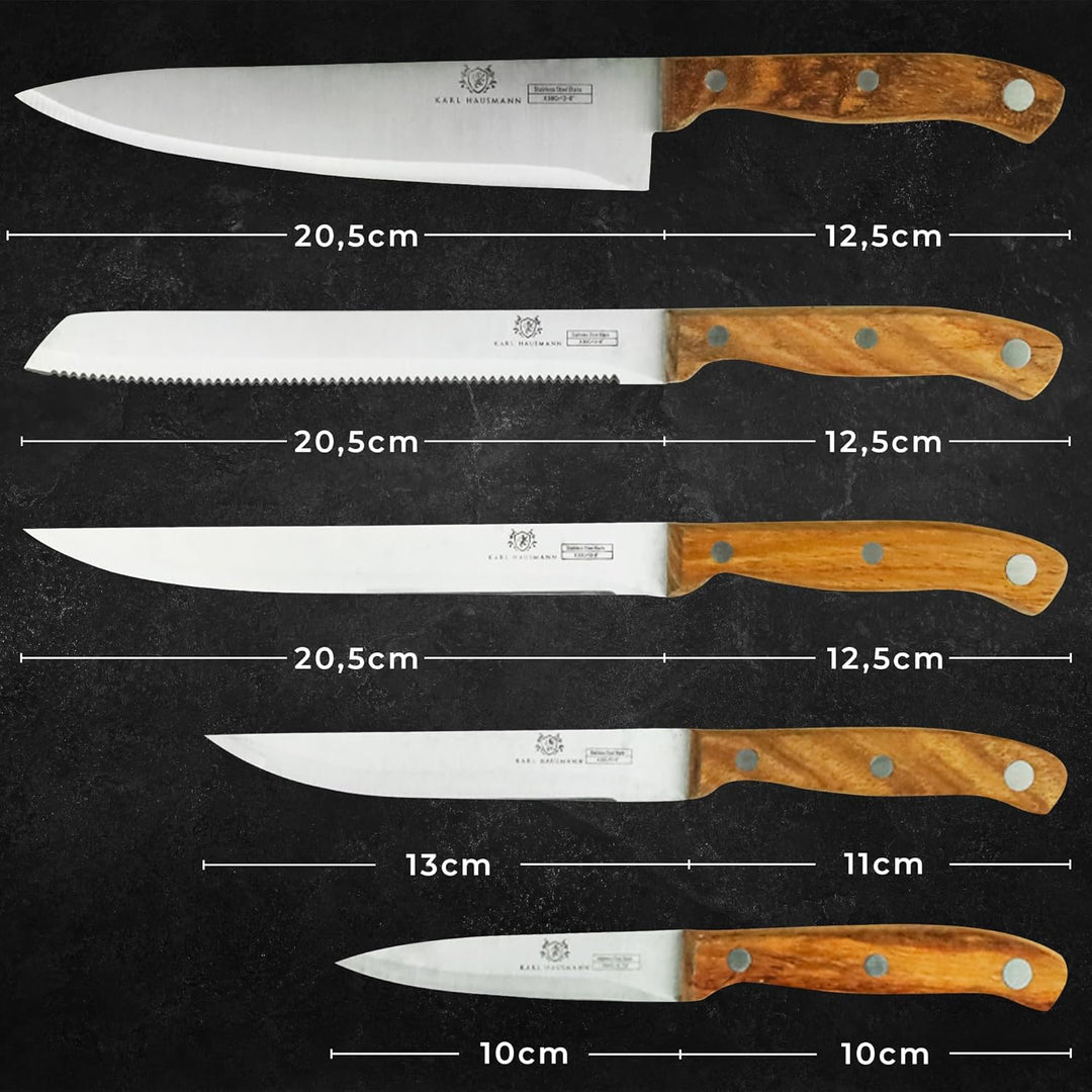 Messerblock mit Messer-Set - 6 teilig, Küchenmesser Set Edelstahl ink. Kochmesser, Brotmesser, Schäl